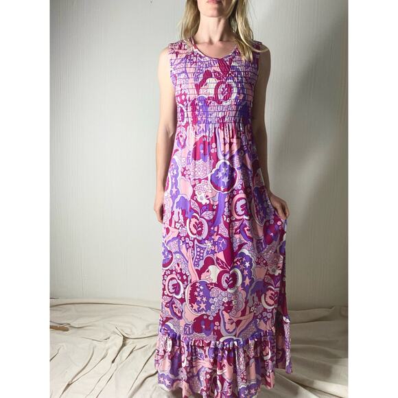 VINTAGE '60s JONATHAN LOGAN Groovy Flower Power Smocked Maxi Dress SMALL - Picture 3 of 12